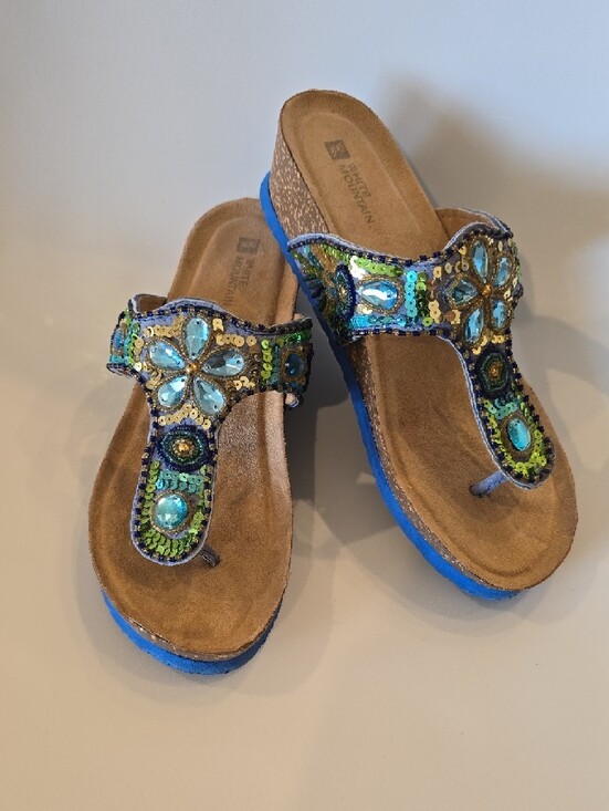 White Mountain Shoes - White Mountain " Bluejay" Beaded Wedge Thong Boho Design Women's Sandals